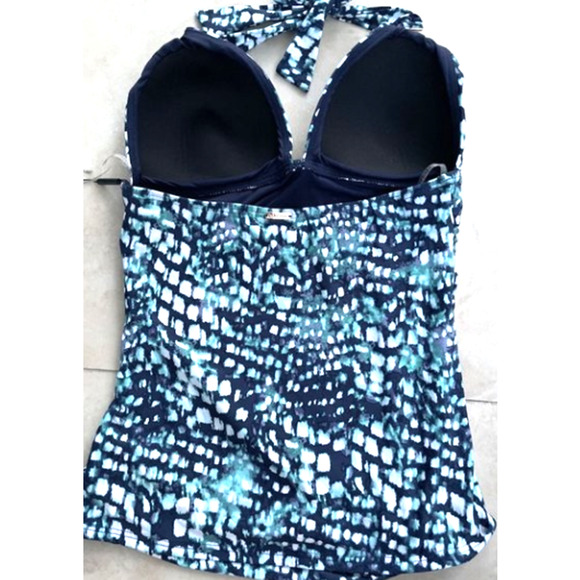 Calvin Klein Printed Halter Tankini Swim Top Navy BLUE V-Neck X-Small XS NWT $88 - Picture 4 of 7